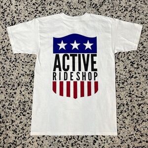 Active Ride Shop Tee Shirt Red White Blue Logo Short Sleeve Men’s Size Small